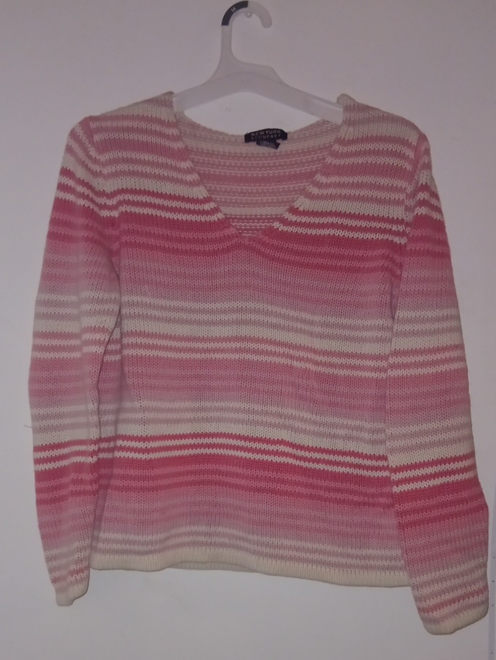 New York & Company Pink and Cream Striped V-Neck Sweater Top 55%Ramie 45% Cotton